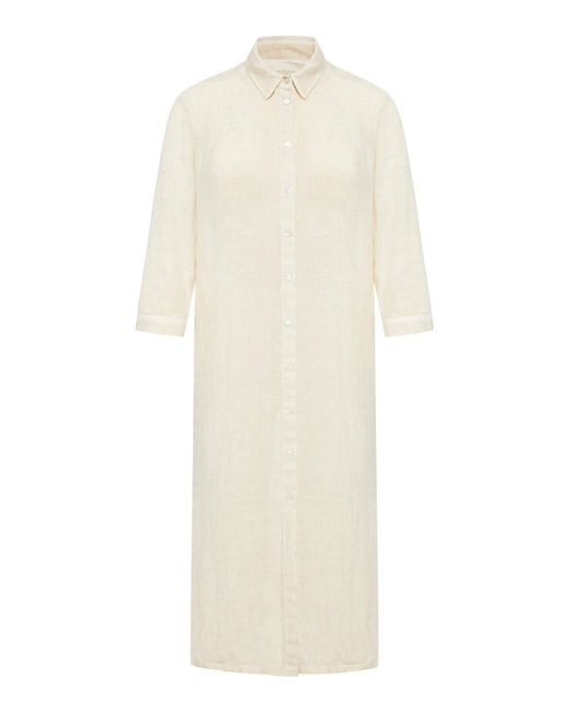 120% Lino White Long Dress With Buttons