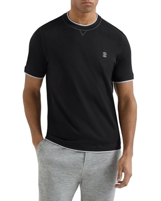 Brunello Cucinelli Black Cotton T-shirt With Front Logo And Contrasting Trim for men