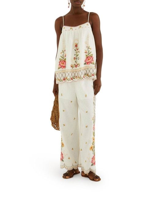 Farm Rio White Palazzo Trousers With Floral Embroidery