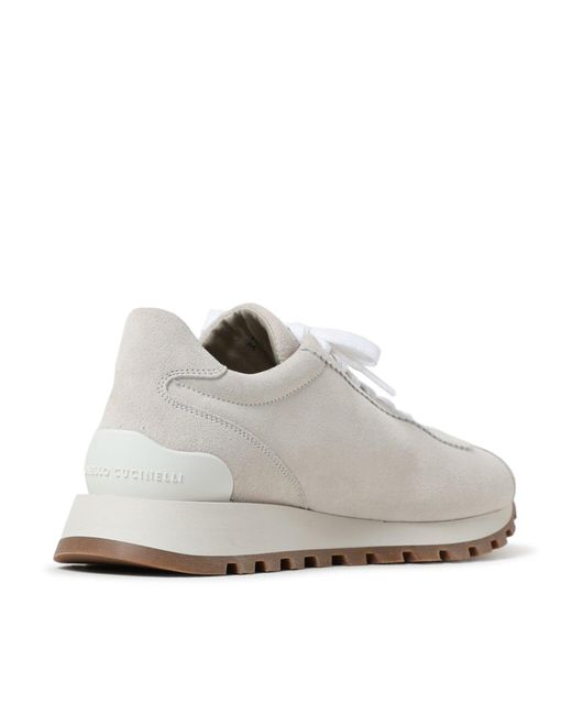 Brunello Cucinelli White Suede Runners With Shiny Tab