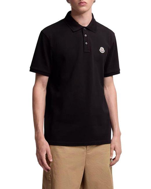 Moncler Black Cotton Piquet Polo Shirt With Logo Patch for men