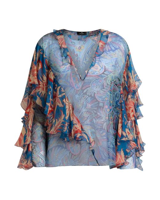 Etro Blue Long-Sleeved Silk Blouse With Ruffles