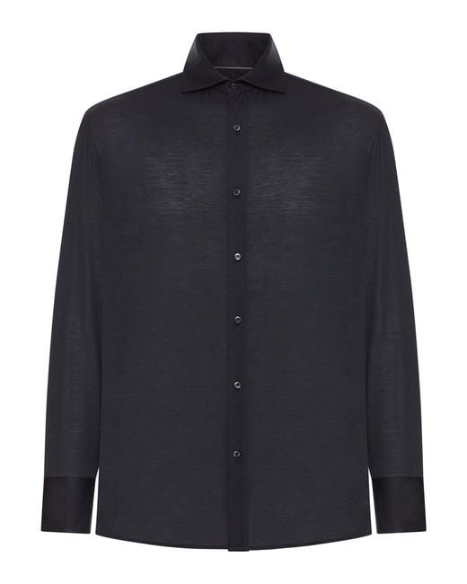 Brunello Cucinelli Blue Classic Cotton And Silk Blend Shirt for men
