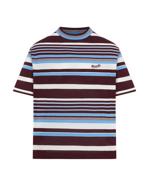 Prada Blue Striped Cotton Crew Neck Sweater