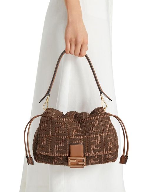 Fendi Brown Mamma Baguette Medium Woven Raffia Bag With Ff Sellier Embroidery