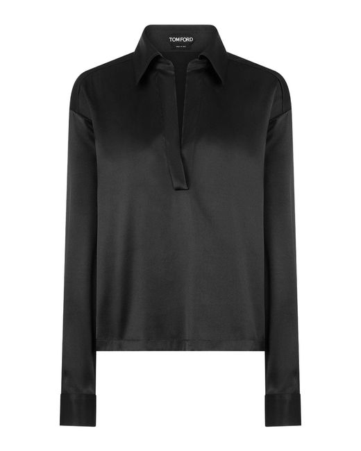 Tom Ford Black Silk Satin Blouse With Tf Logo Embroidered In Tone-on-tone