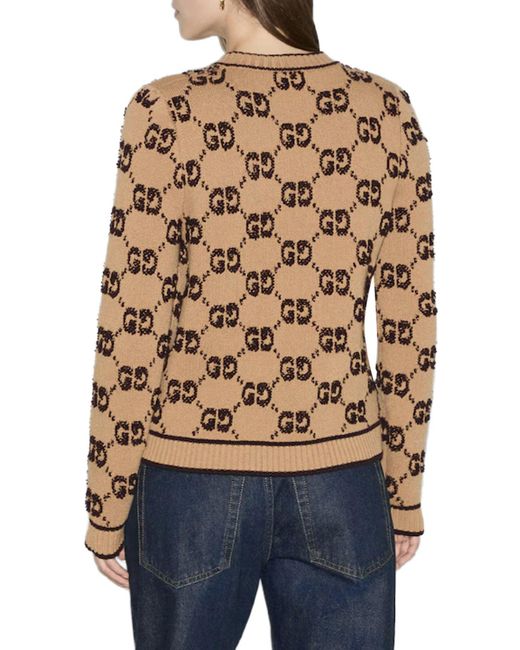 Gucci Brown Boucle' Wool Cardigan With Allover Gg Logo