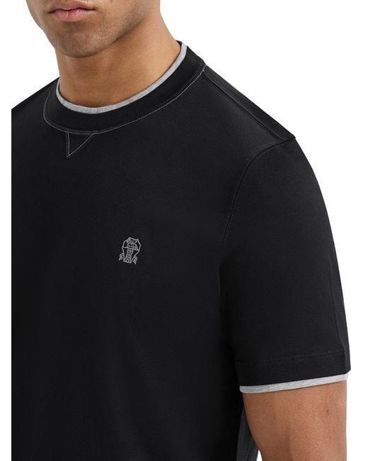 Brunello Cucinelli Black Cotton T-shirt With Front Logo And Contrasting Trim for men