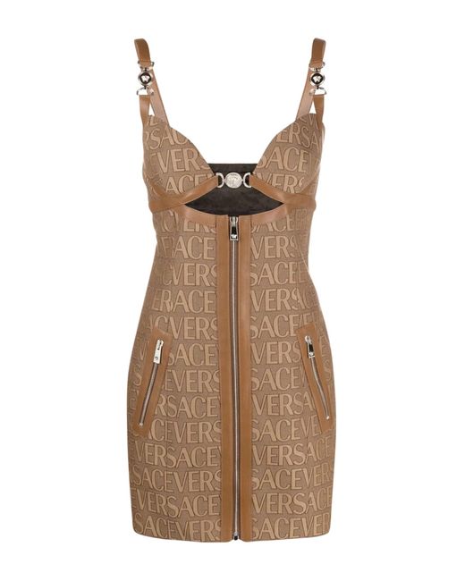 Versace Brown Monogram Mini Dress With Leather Trims