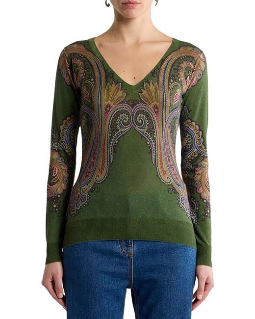 Etro Green Silk And Cashmere V-Neck Sweater With Placed Paisley Print