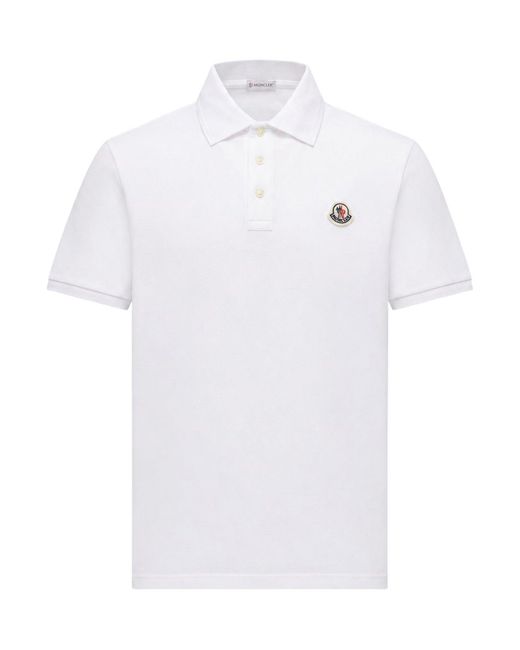 Polo in cotone piquet con patch logato di Moncler in White da Uomo
