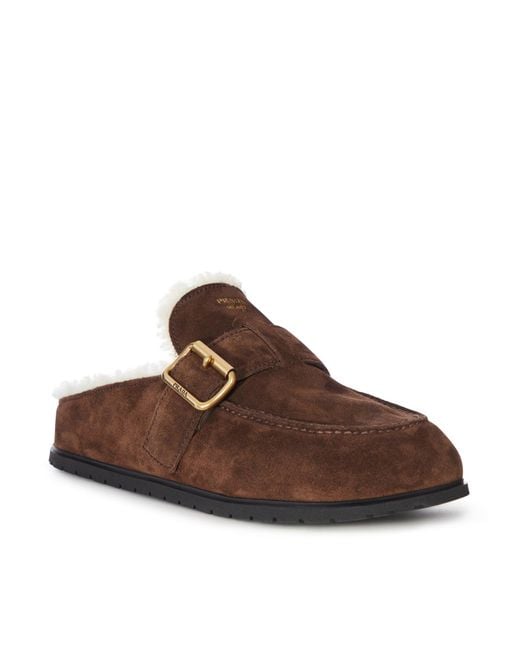 Prada Brown Suede And Shearling Mule With Buckle