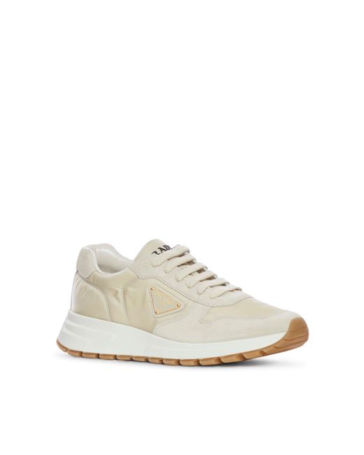Sneakers prax 01 in re-nylon e camoscio di Prada in White da Uomo