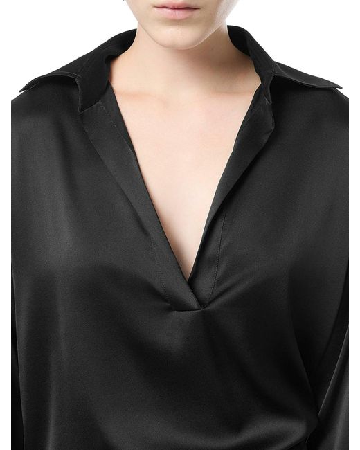 Tom Ford Black Silk Satin Blouse With Tf Logo Embroidered In Tone-on-tone