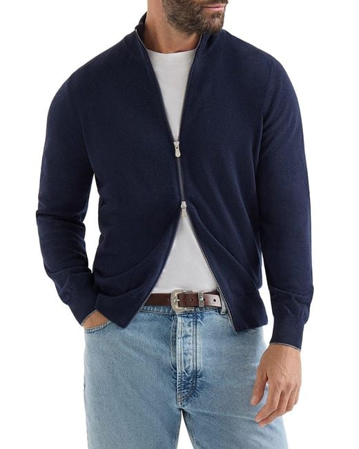 Brunello Cucinelli Blue Cashmere Zip-Up Cardigan for men