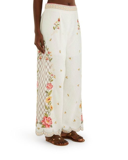 Farm Rio White Palazzo Trousers With Floral Embroidery