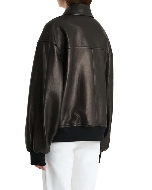 Khaite Black Shelman Leather Bomber Jacket With Wide Neck