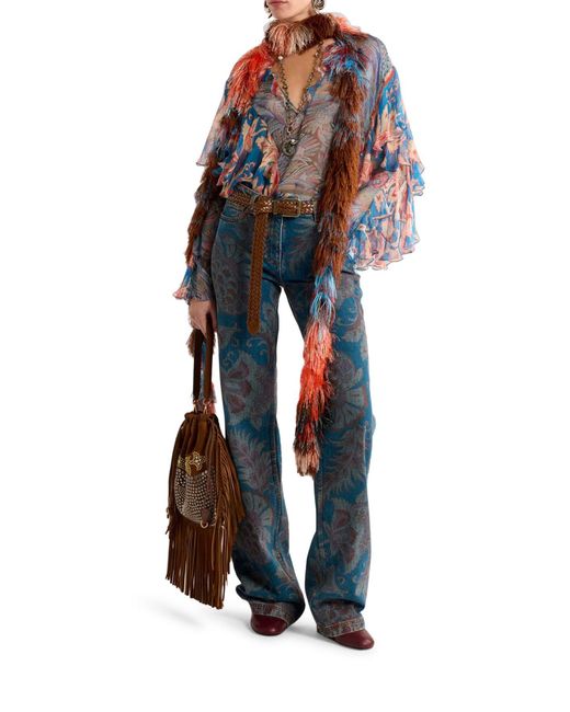 Etro Blue Long-Sleeved Silk Blouse With Ruffles