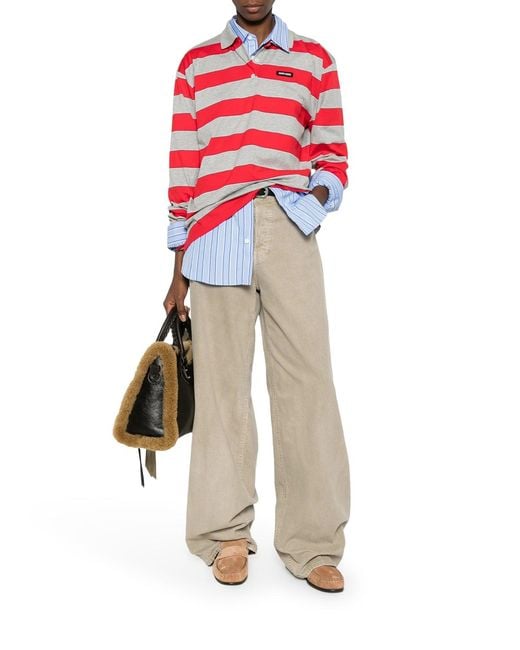 Miu Miu Red Striped Cotton Jersey Polo Shirt With Logo Patch