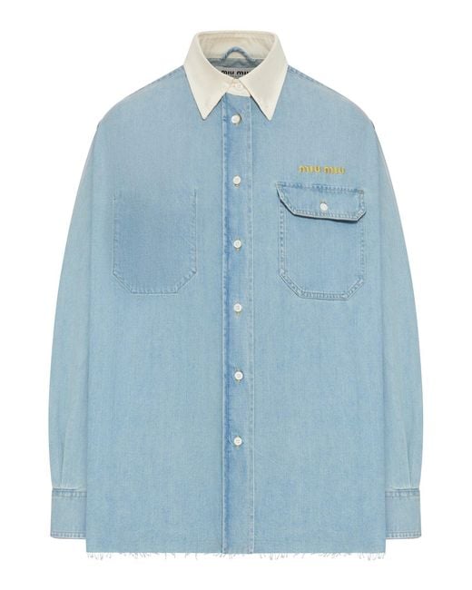 Miu Miu Blue Denim Shirt With Contrasting Collar And Embroidered Logo