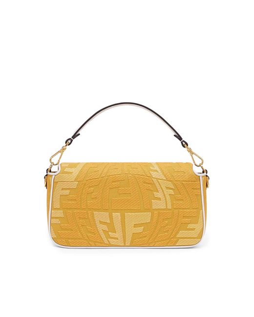 FENDI: Baguette bag in canvas with thread embroidered FF monogram - Yellow  Cream