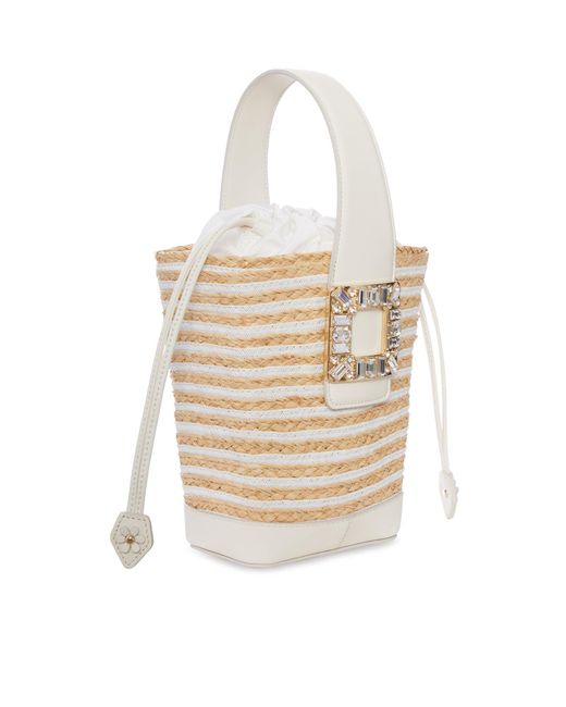 Roger Vivier White Striped Raffia Bucket Bag With Jewel Buckle