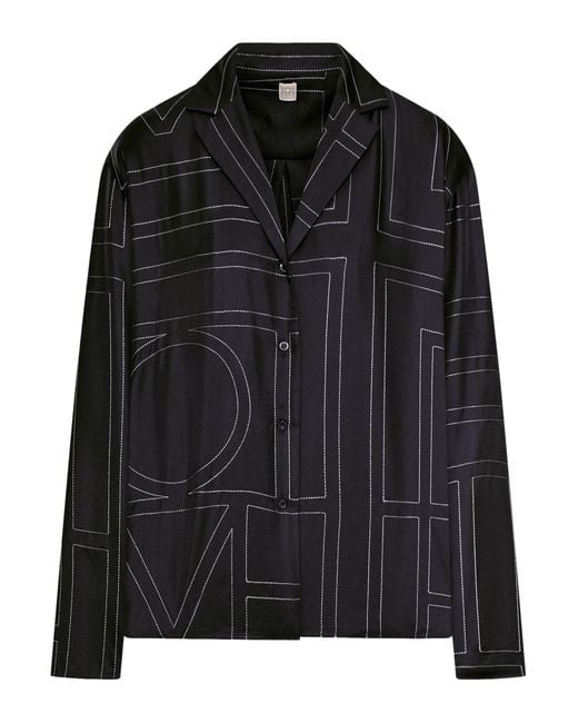 Totême Black Silk Shirt With Monogram Embroidery