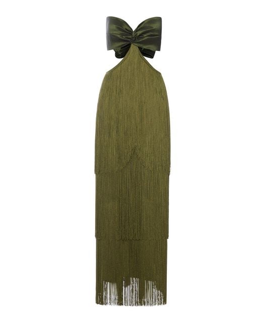 Bless Green Long Dress With Fringes And Satin Bow