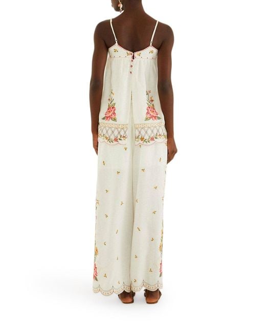 Farm Rio White Palazzo Trousers With Floral Embroidery