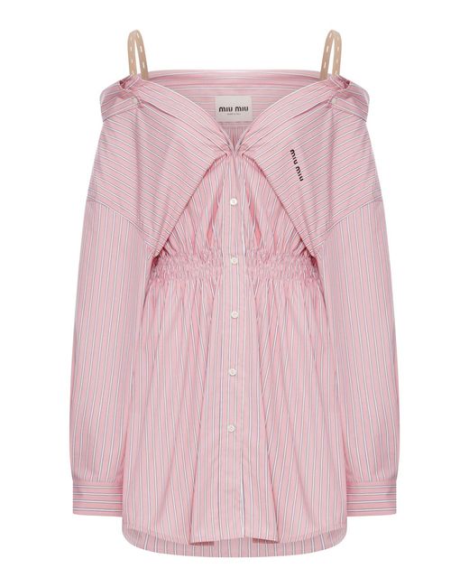 Miu Miu Pink Striped Cotton Poplin Dress With Logo