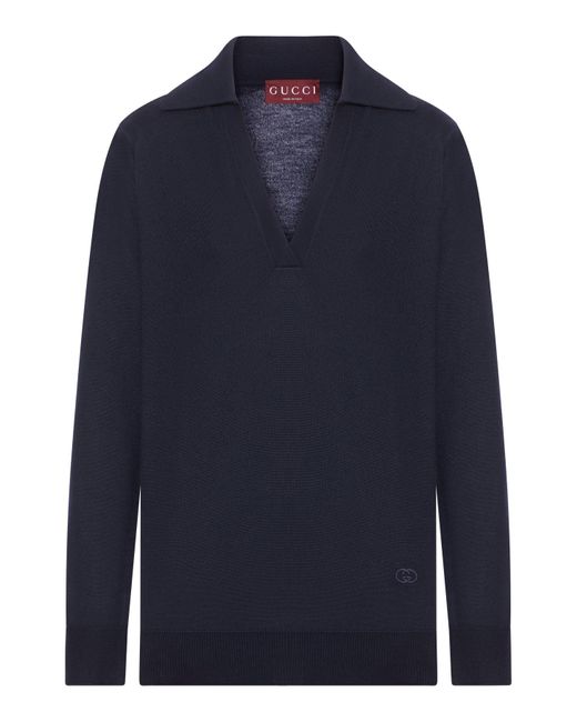 Polo in lana leggera con logo ricamato di Gucci in Blue