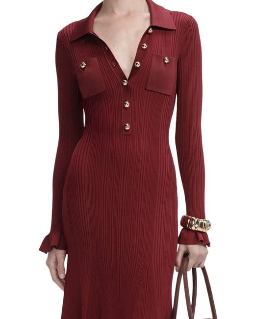 Self-Portrait Red Ribbed Knit Midi Dress