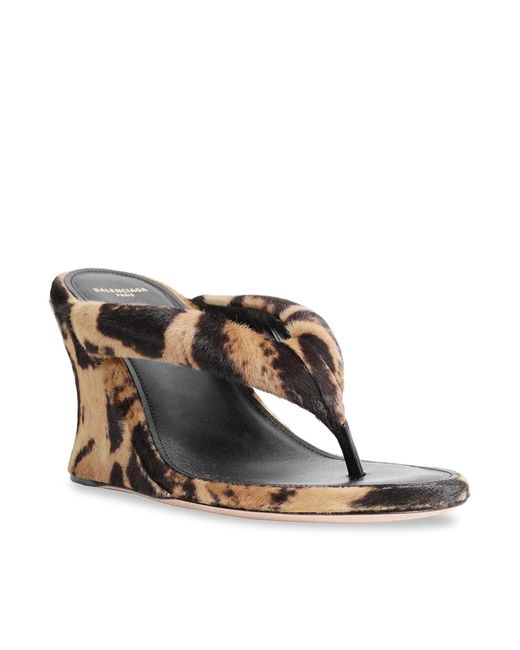 Balenciaga Brown Gaeta Wedge Thong Sandal In Ocelot-print Calf Hair