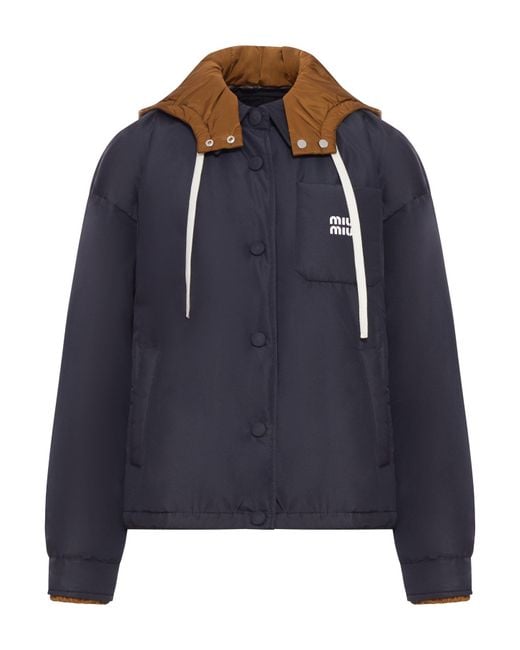 Miu Miu Blue Down Jacket With Printed Logo