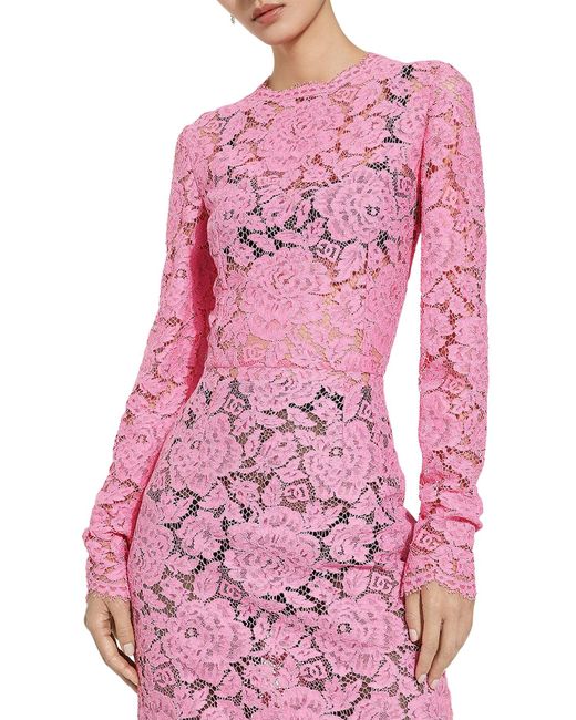 Dolce & Gabbana Pink Branded Floral Cordonetto Lace Sheath Dress