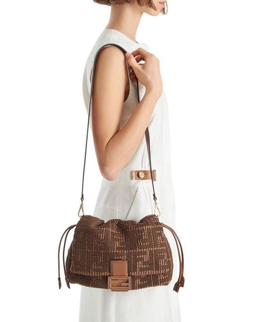 Fendi Brown Mamma Baguette Medium Woven Raffia Bag With Ff Sellier Embroidery