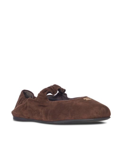 Miu Miu Brown Ruffled Suede Ballerinas