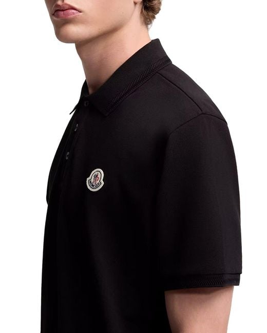 Moncler Black Cotton Piquet Polo Shirt With Logo Patch for men