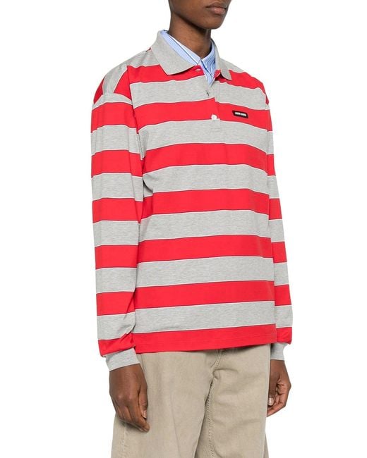 Miu Miu Red Striped Cotton Jersey Polo Shirt With Logo Patch