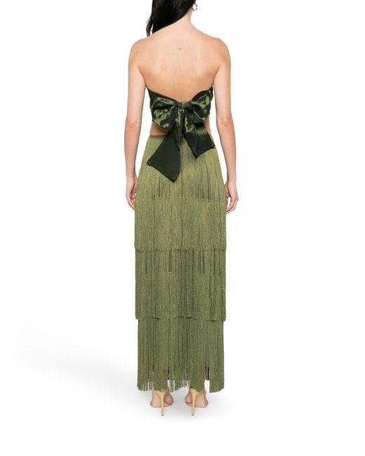 Bless Green Long Dress With Fringes And Satin Bow