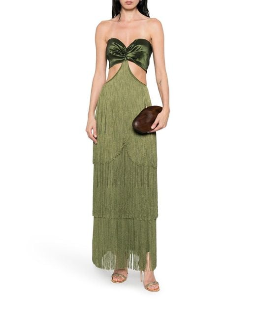 Bless Green Long Dress With Fringes And Satin Bow