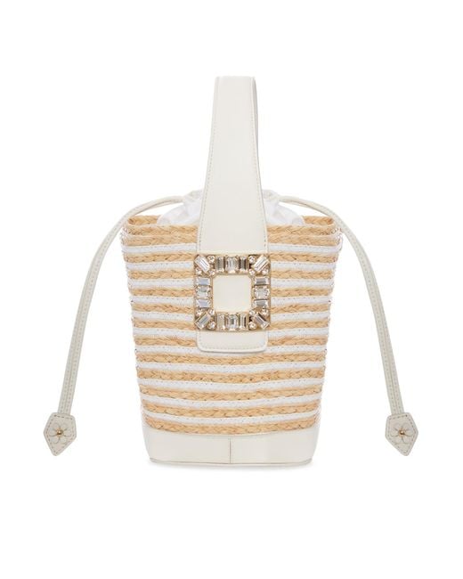 Roger Vivier White Striped Raffia Bucket Bag With Jewel Buckle