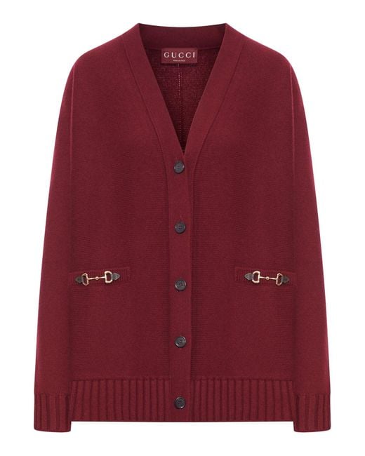 Cardigan in lana con morsetti dorati di Gucci in Red