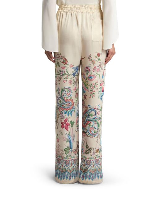 Etro White Wide-leg Trousers With Placed Flora And Fauna Print