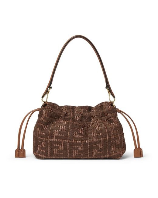 Fendi Brown Mamma Baguette Medium Woven Raffia Bag With Ff Sellier Embroidery
