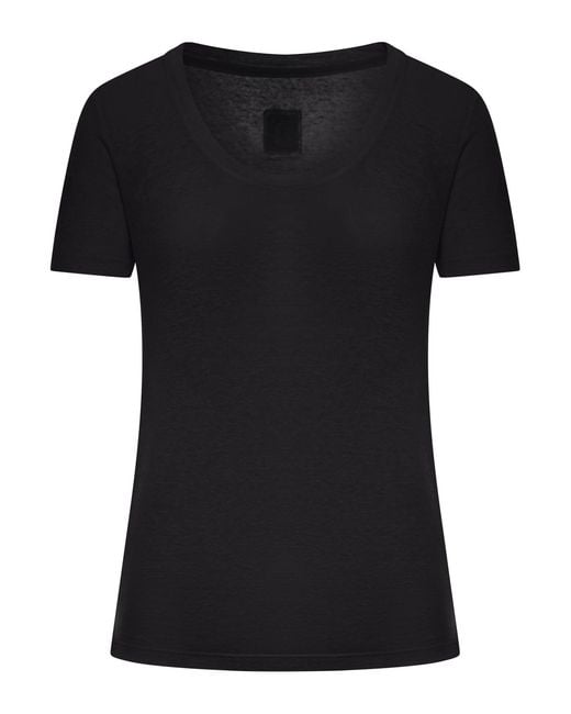 120% Lino Black Short-Sleeved T-Shirt With Wide Neckline