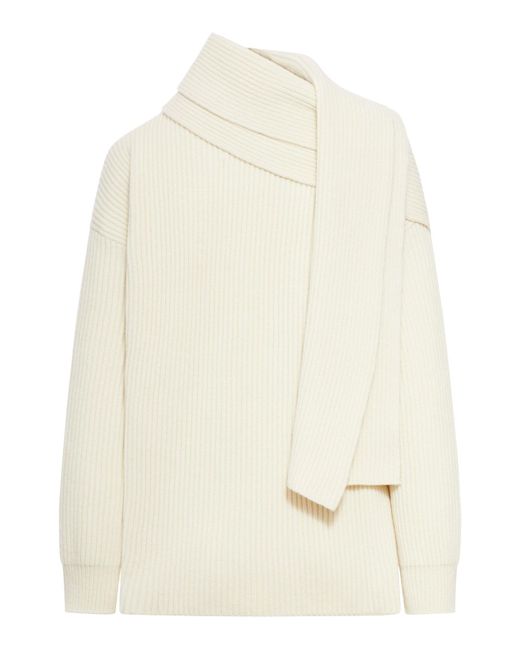 Maglione in lana fine con dettagli sciarpa avvolgente di Jil Sander in White