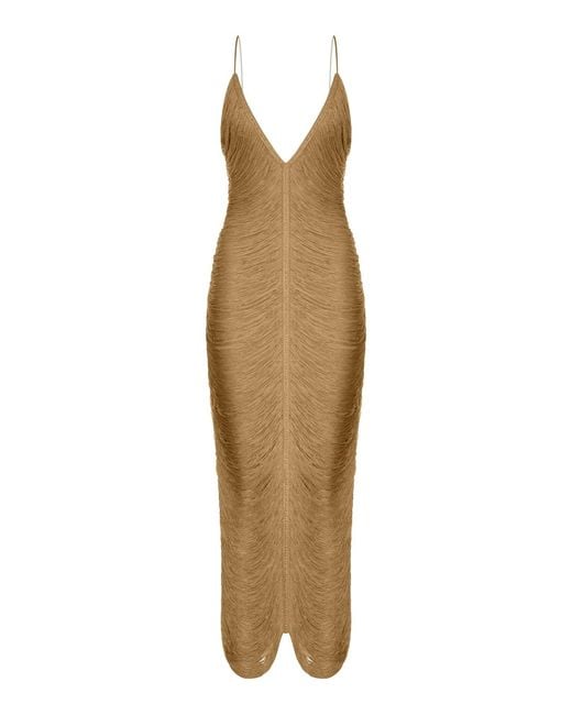 Bless Natural Long Solé Dress With Fringes And V-Neck