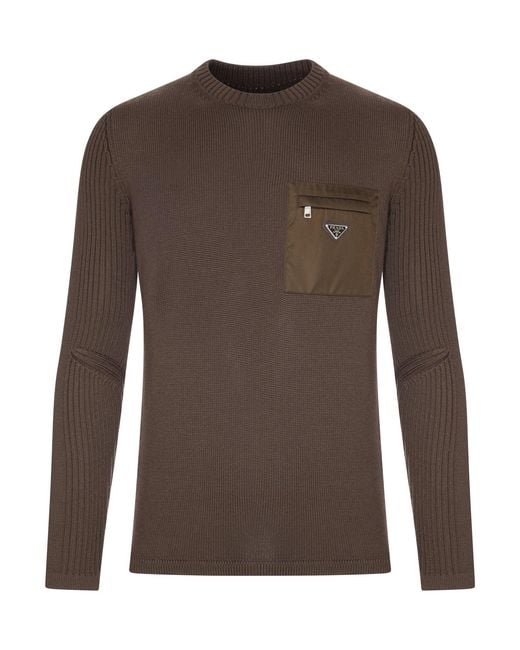 Prada Brown Wool Sweater With Re-Nylon Pocket for men