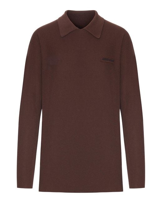 Miu Miu Brown Ribbed Wool Polo Sweater